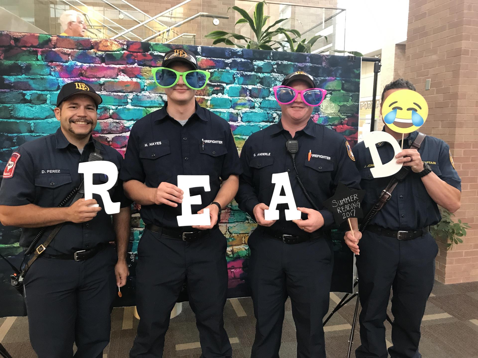 Lewisville fire fighters at Summer Reading Kickoff 2017