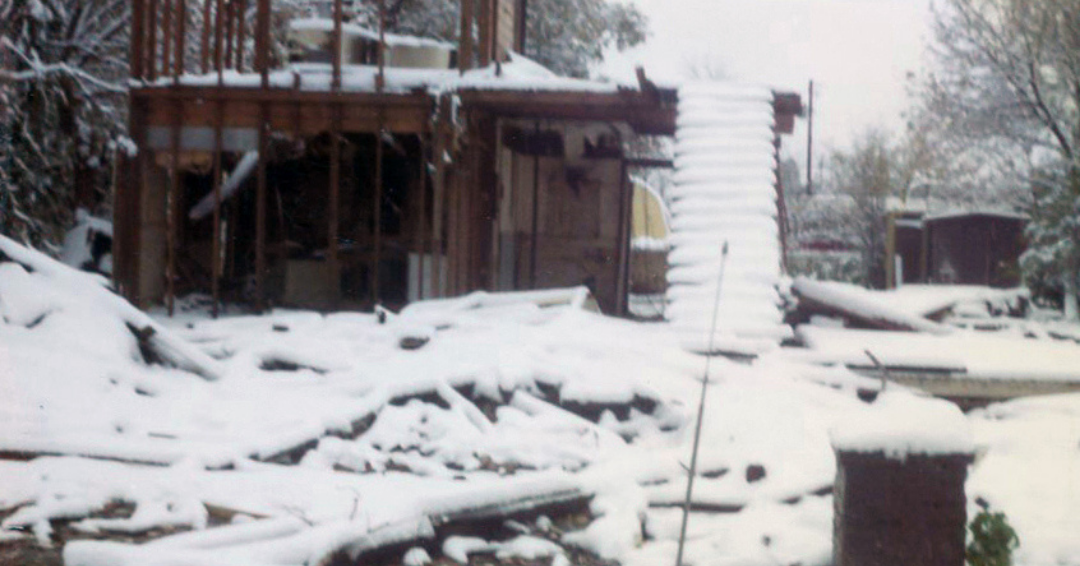 Hotel after fire with snow